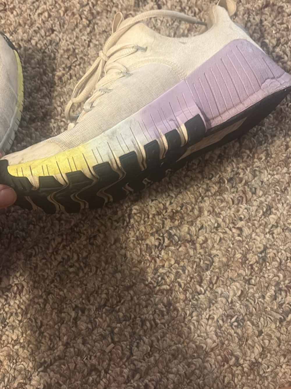 Nike Women's Cream Knit Sneakers with Yellow and Lavender Gradient Sole